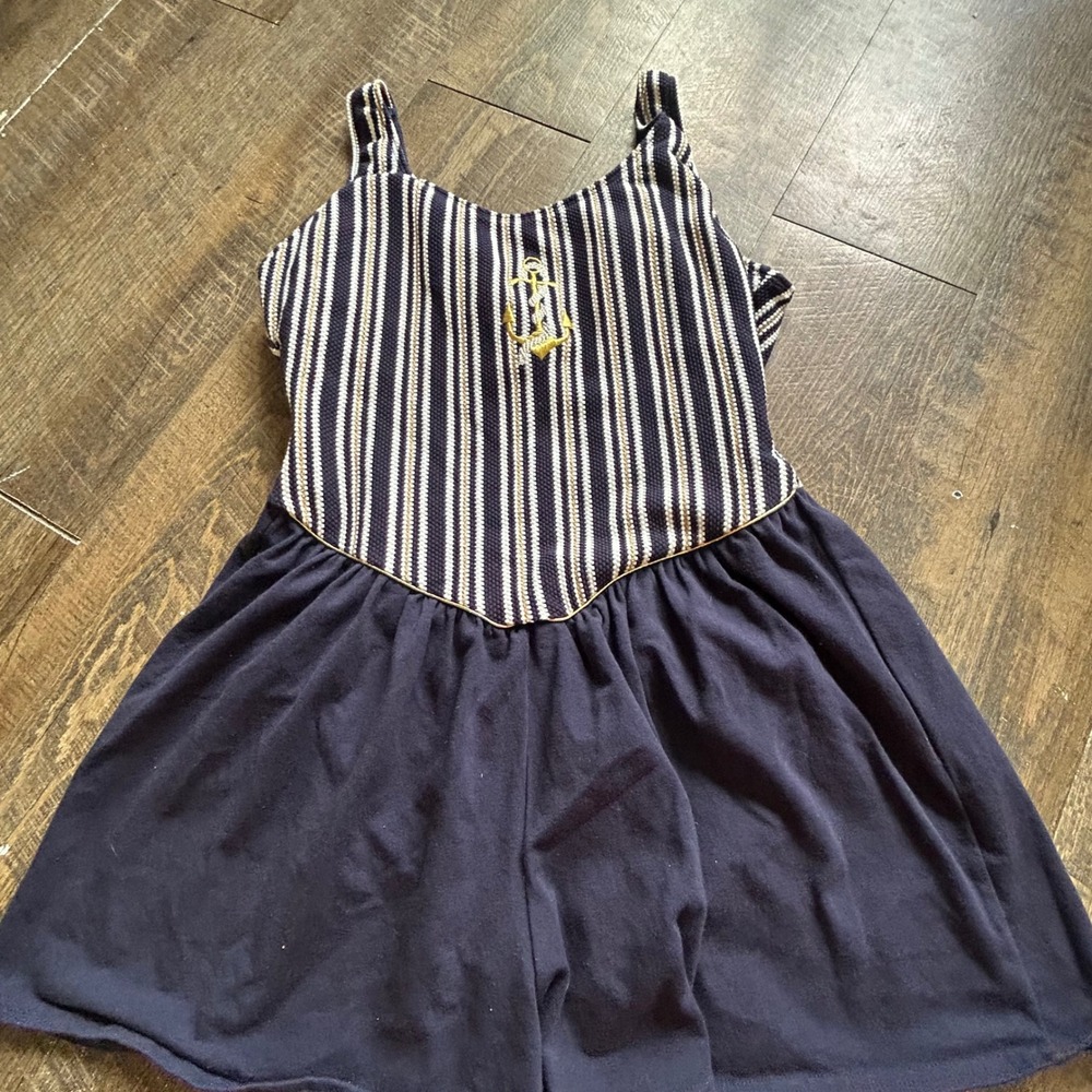 Tahiti Vintage Nautical Striped Romper Navy Blue Gold Anchor Embroidered 11/12